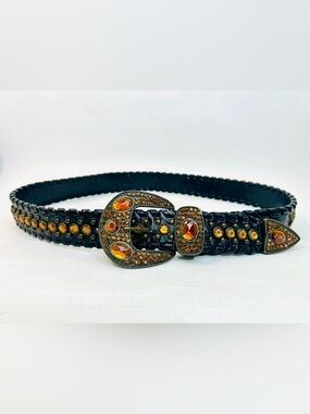 Western Rhinestone Whipstitch Belt with Orange Stones and Black Faux Leather